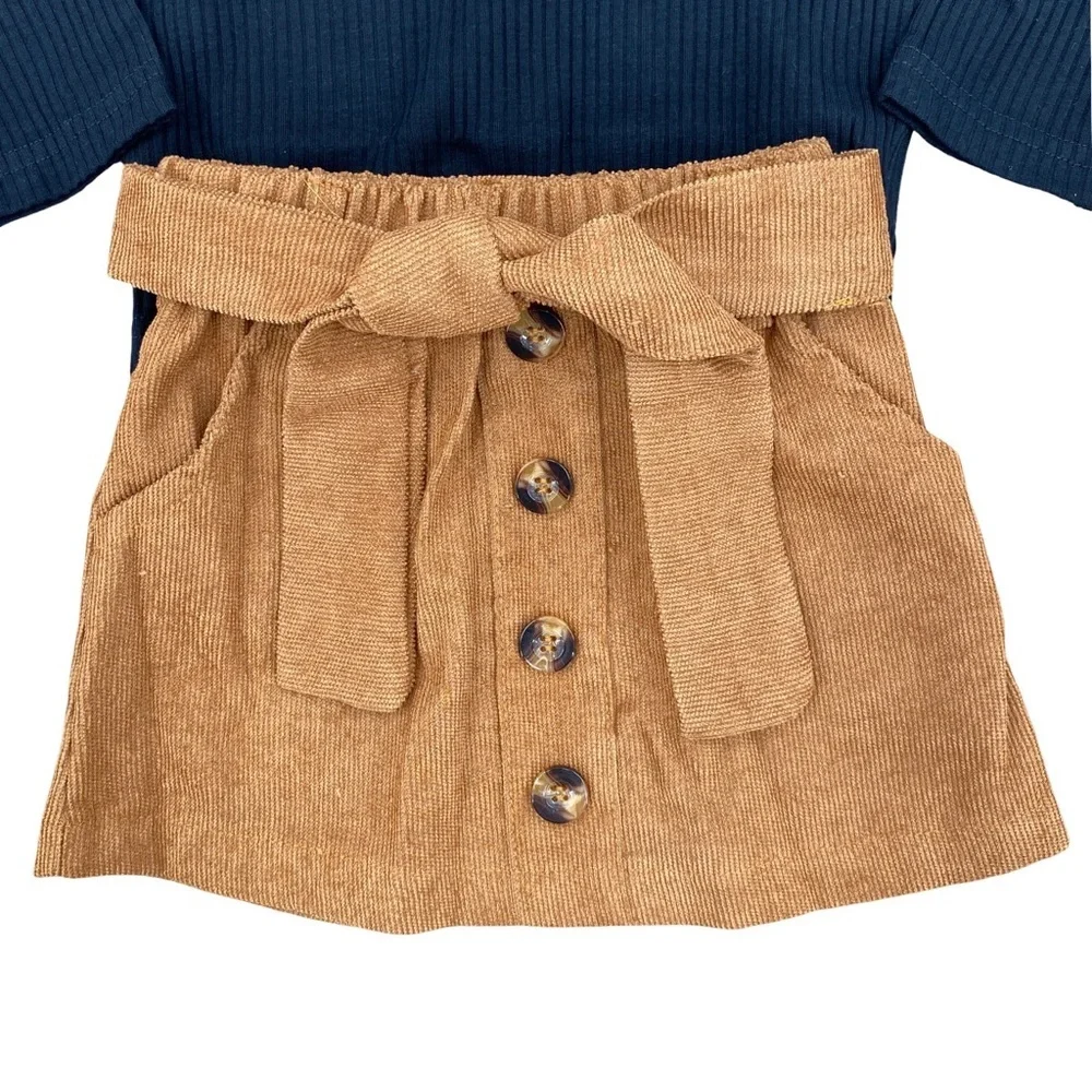 Black Ruffle Long Sleeve Top and Tan Corduroy Button Skirt Set Size 2 NEW